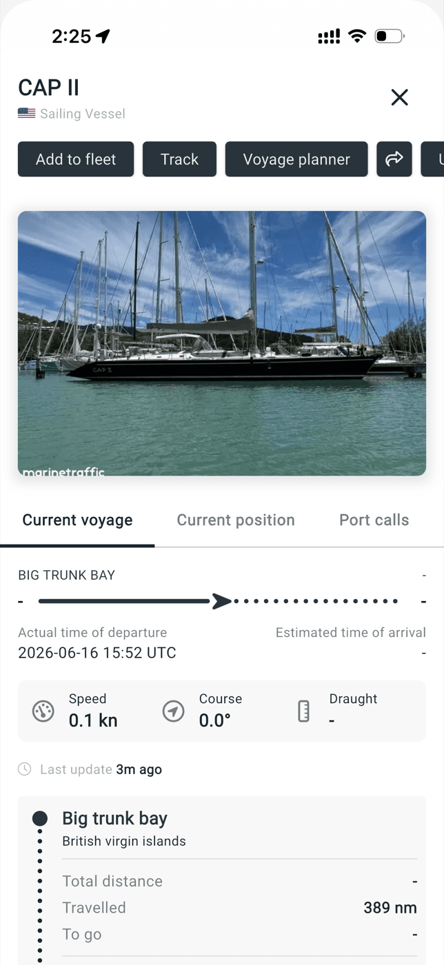 MarineTraffic listing for sailing vessel CAP II