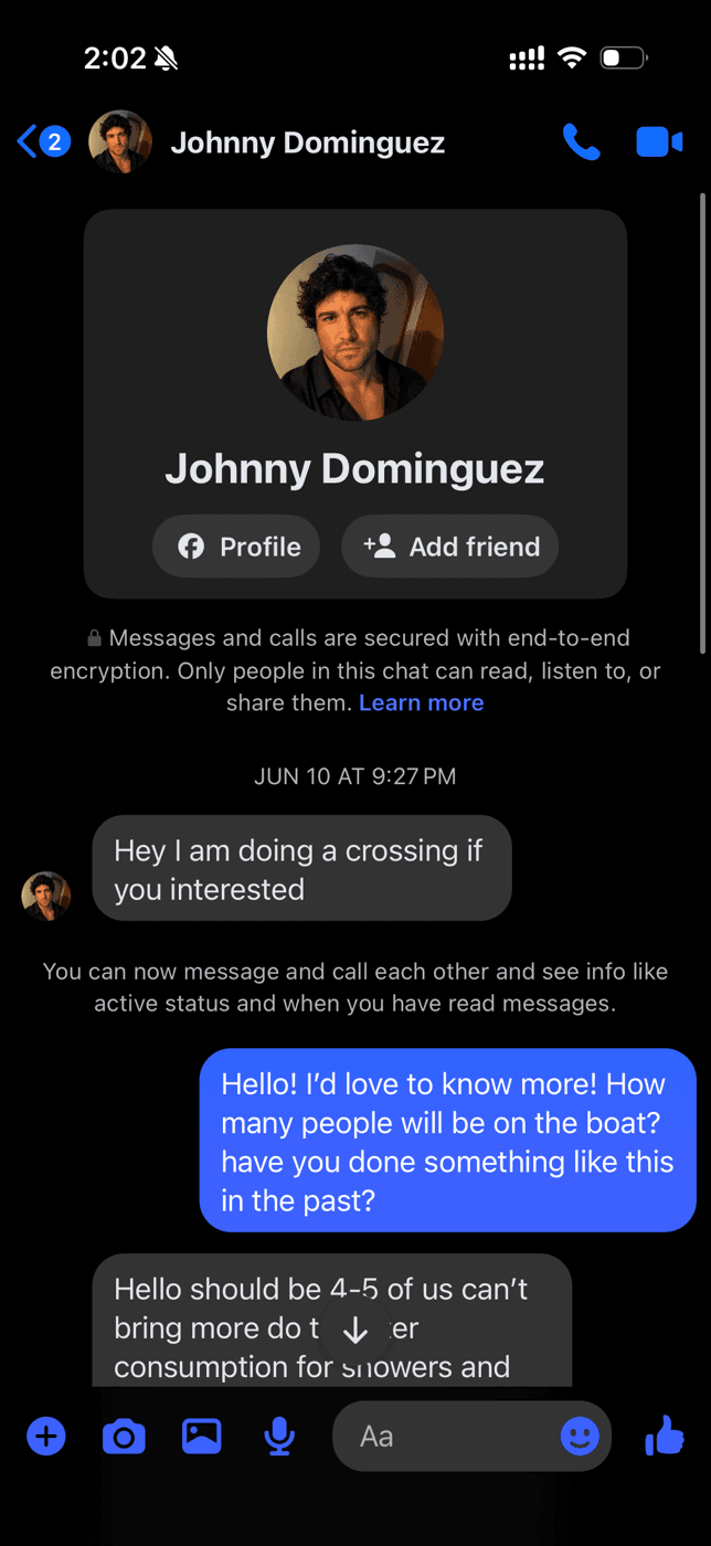 Facebook Messenger chat with Johnny Dominguez, June 10 — he offers a crossing